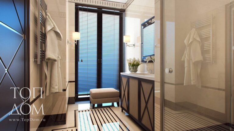 Интерьер ванной комнаты с красивой мебелью