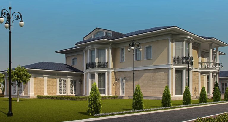 Мансарда и эркер в правом фасаде особняка в светлой отделке и кирпича