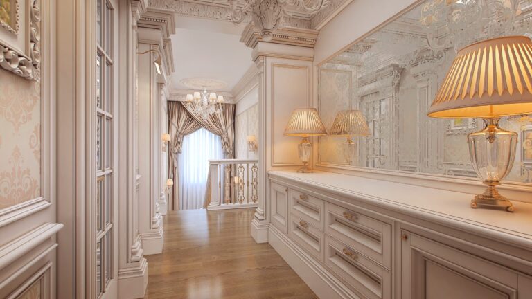 Лепнина в дизайне белого классического коридора