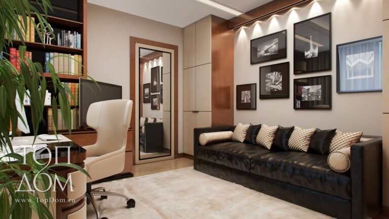 Интерьер кабинета с черным кожаным диваном