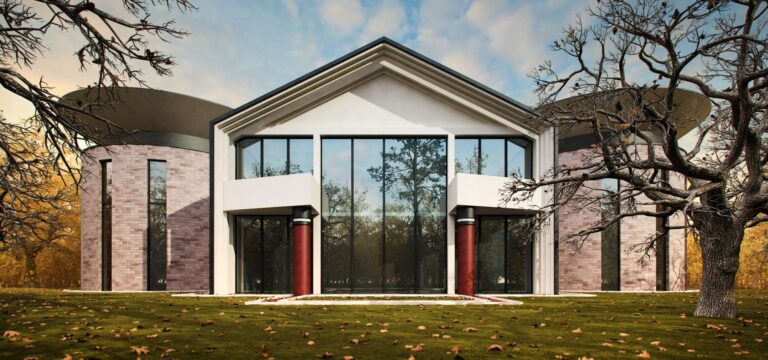 Терракотовые колонны на внутреннем фасаде загородного особняка из белой отделки и сиреневого кирпича