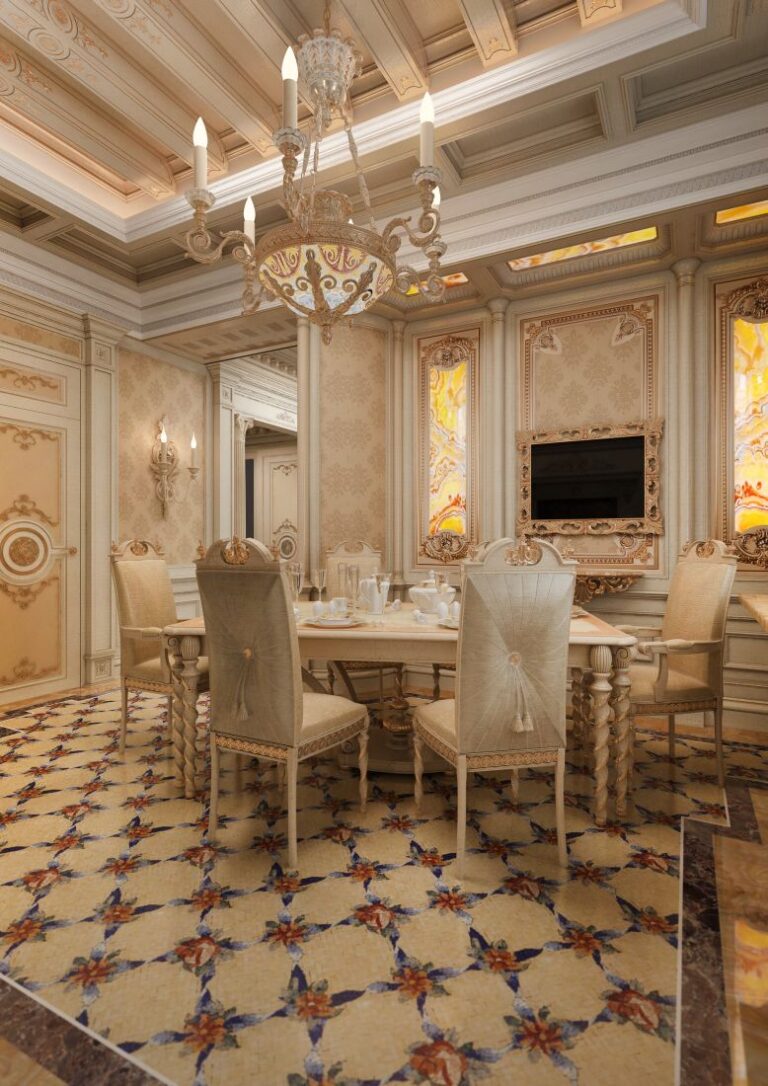 Прямоугольный резной стол в интерьере классической столовой