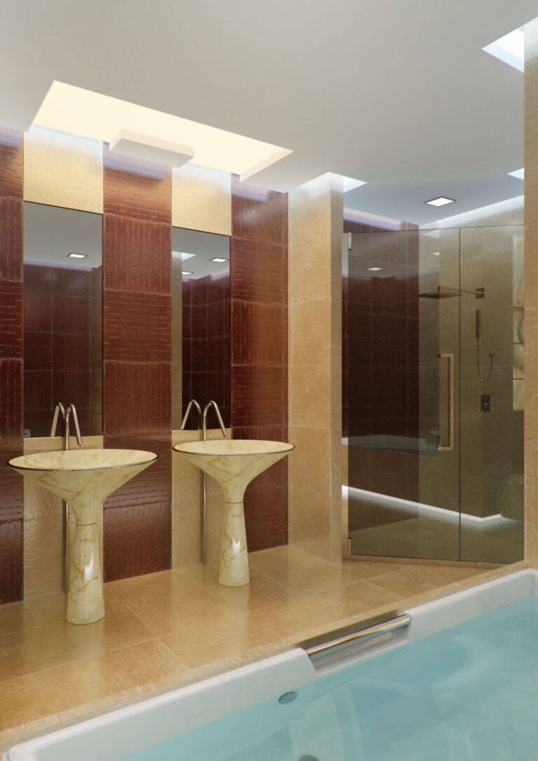 Экзотическое оформление ванной с бордовыми панелями