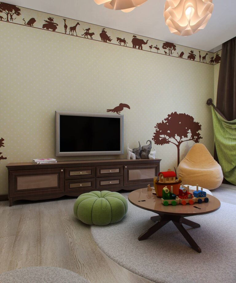 Сочетание спокойных зеленых и песочных тонов в интерьере детской