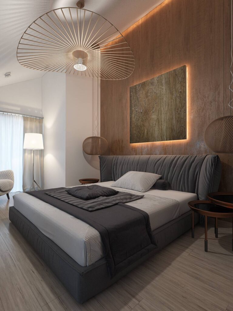 Декоративная настенная панель с внутренней подсветкой в дизайне спальни