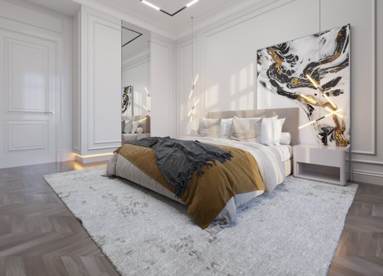 Интерьер спальни с абстрактным космическим постером и ночниками