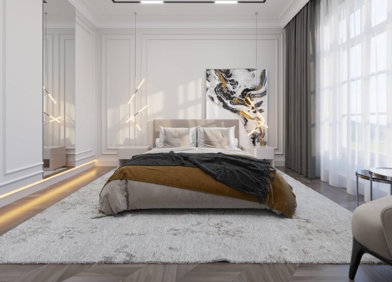 Дизайн спальни с зеркалом в пол у кровати