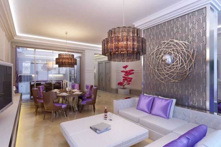 Яркий сиреневый цвет в интерьере гостиной