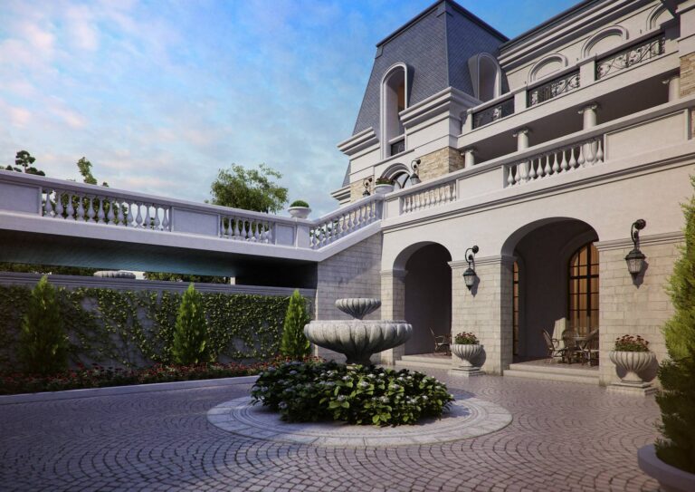 Терраса и вымощенный каменной плиткой внутренний дворик особняка