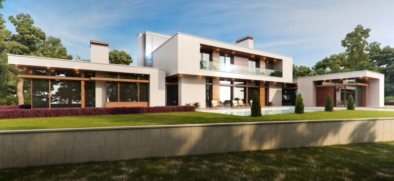 Французские окна, балкон и терраса во внутреннем фасаде дома с бассейном