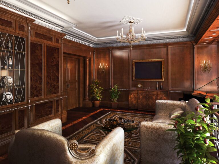 Дизайн гостиной с белым потолком и темными стенами