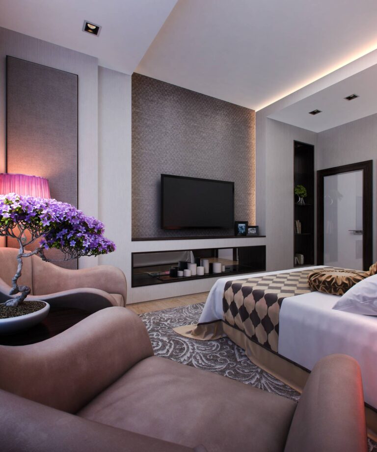 Интерьер спальни в серых тонах с рельефной вставкой для телевизора