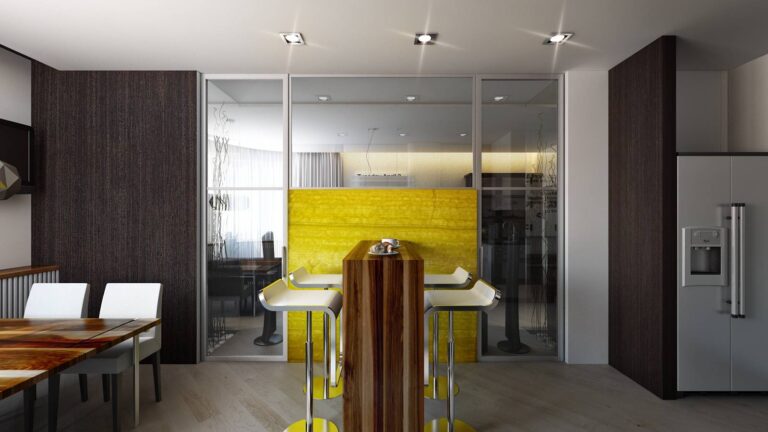 Интерьер кухни с высокой барной стойкой в коричневых тонах