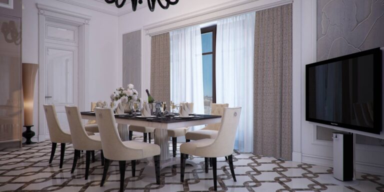 Красивый интерьер кухни с коричневыми занавесками