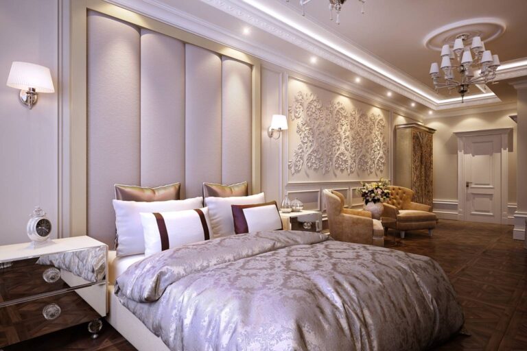 Фото интересного интерьера большой спальни