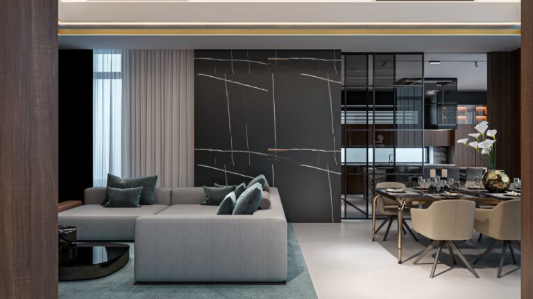 Итальянский дизайн гостиной с серо-голубой диванной группой