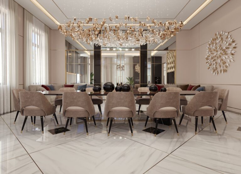 Интерьер столовой в доме с множеством зеркал