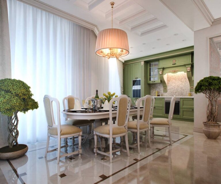 Дизайн светлой столовой с фигурным белым потолком