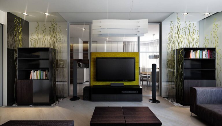 Темная мебель в интерьере молочно-белой модерновой гостиной