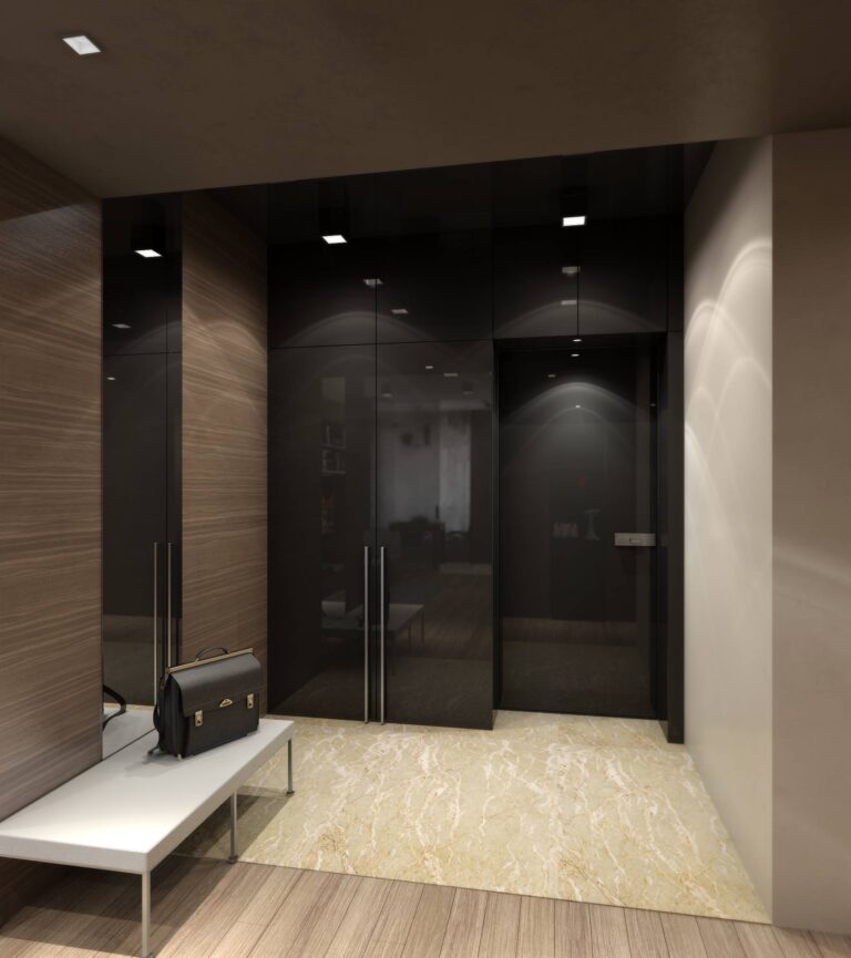 Дизайн прихожей с применением темно-коричневого, бежевого и белого цветов