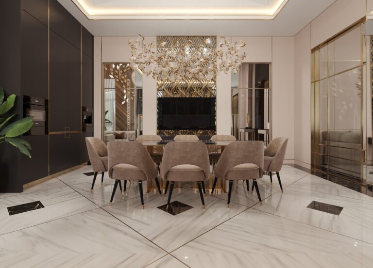 Бежево-золотой дизайн кухни с темными фасадами