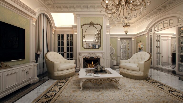 Дизайн гостиной с классическим каминным порталом
