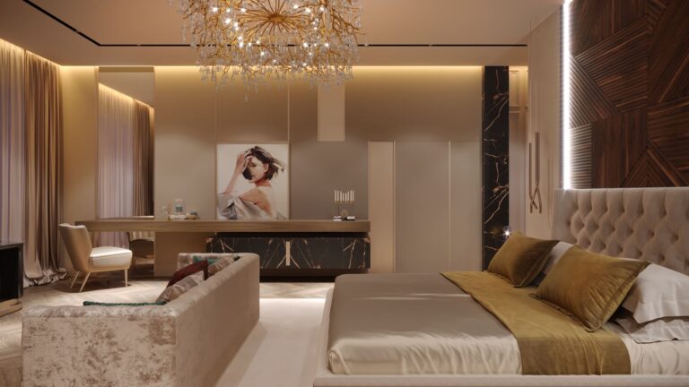 Дизайн спальни с отделкой кожаными и деревянными панелями