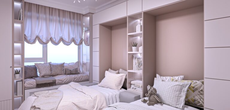 Дизайн детской для 2-х детей со шкафами в изголовье кроватей