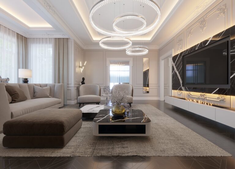 Дизайн гостиной с большими кольцевыми люстрами