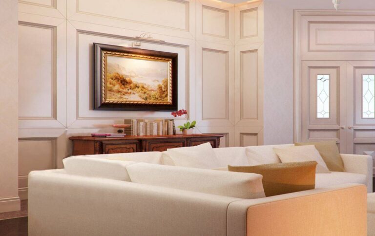 Интерьер гостиной с преобладанием белого дерева