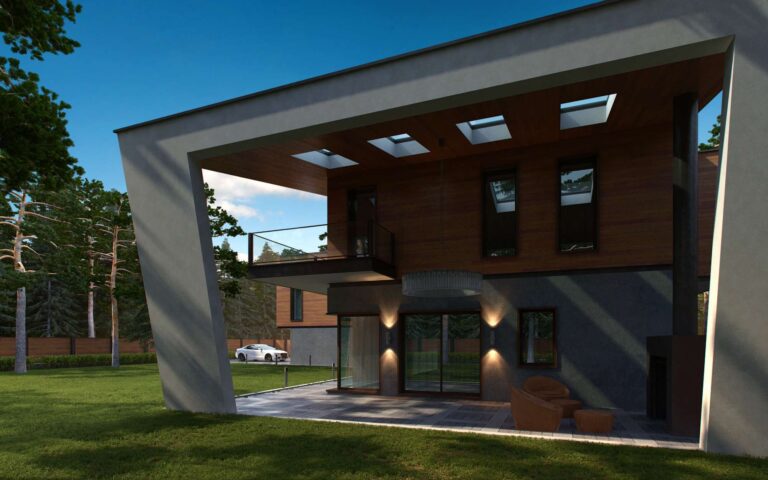 Вход в дом с большим навесом над массивными колоннами