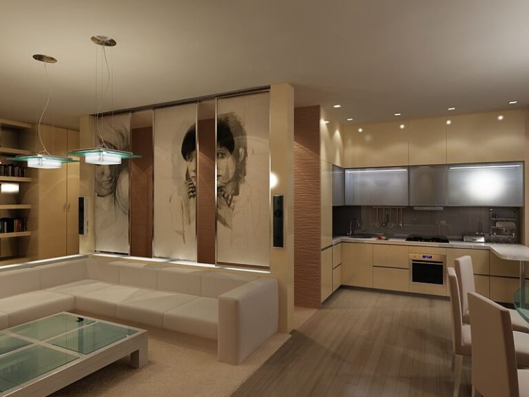 Бежевый интерьер гостиной с черно-белой фотопечатью