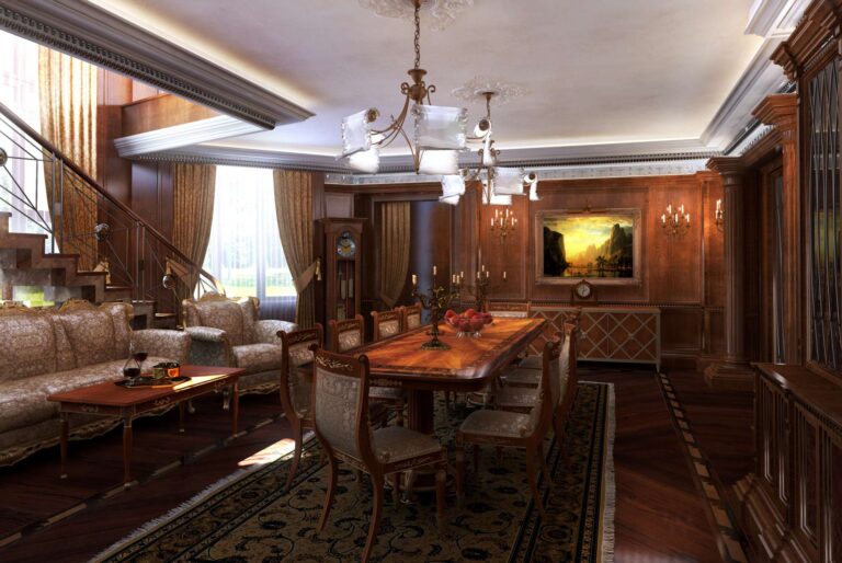Роскошный интерьер столовой с резной обеденной мебелью