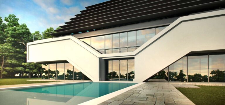 Бассейн в фасадной части с дорожками из натурального камня