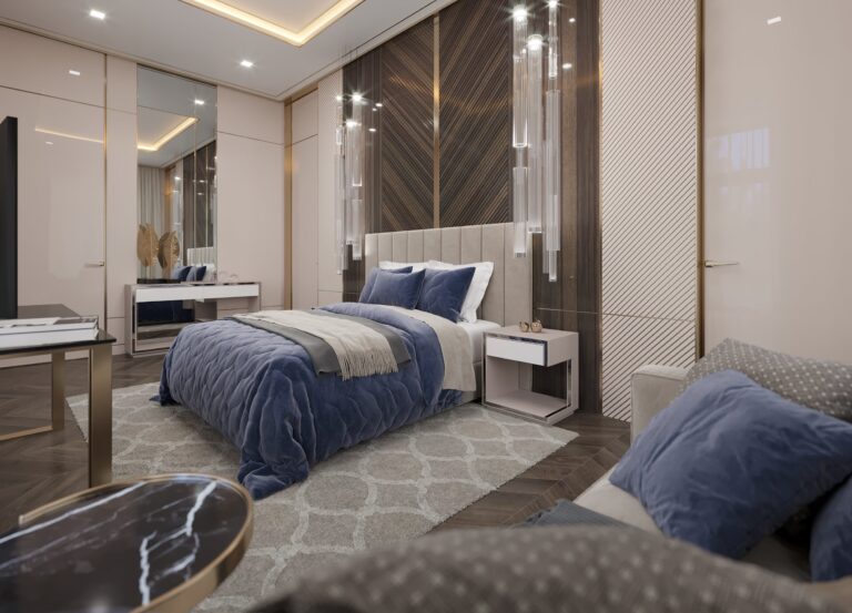 Синие акценты в дизайне бежевой спальни