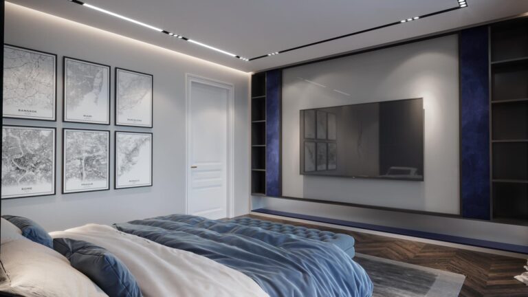 Интерьер спальни с географическими принтами на стене