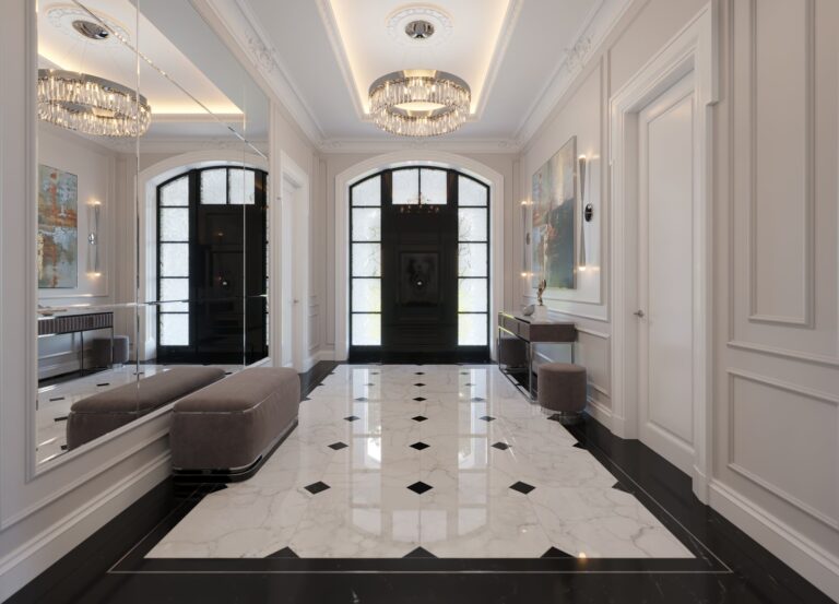 Интерьер холла-прихожей с большим зеркалом