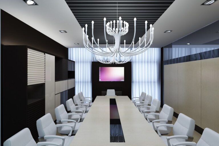 Дизайн конференц-зала со светлой мебелью