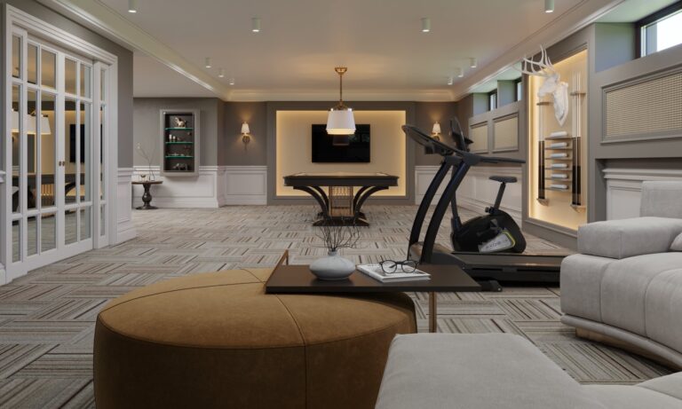 Интерьер спортзала и бильярдной в одном помещении