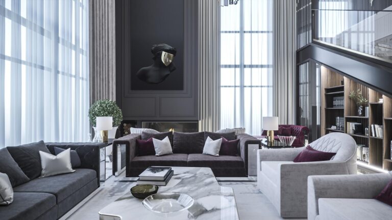 Гостиная с кофейным столом из белого полированного мрамора