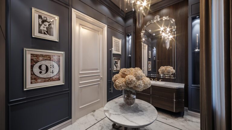 Белый мраморный столик в дизайне туалетной комнаты