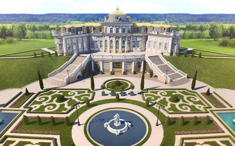 Общий вид сверху на дворец и его эстерьер