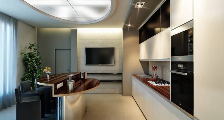 Светлый интерьер кухни с овальным двухуровневым столом