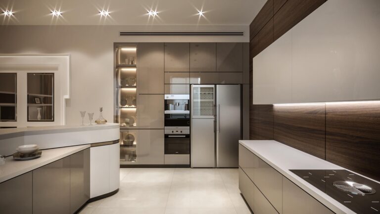 Деревянные настенные панели коричневого цвета в дизайне бежевой кухни