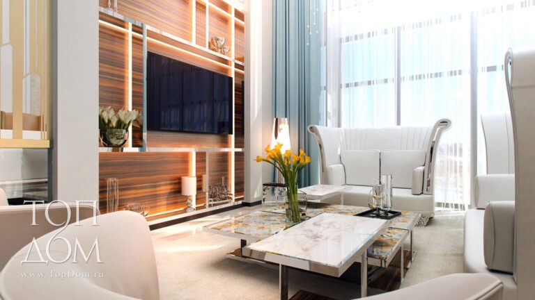 Большие окна и высокие потолки в дизайне гостиной