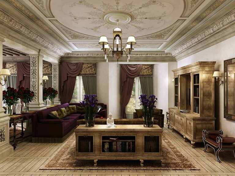 Изысканный интерьер гостиной с ярким фиолетовым диваном