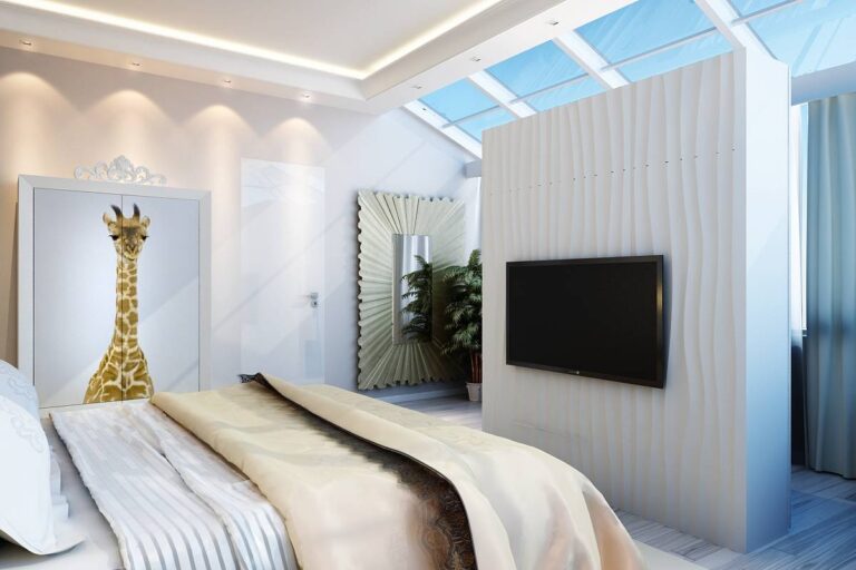 Дизайн белоснежной детской со шкафом с жирафом