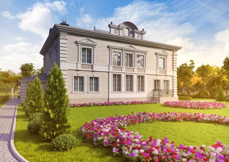 Оформление придомовой территории особняка из светлого-серого кирпича