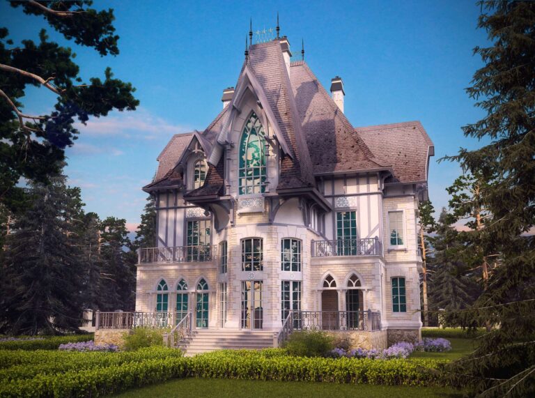 Прилегающая территория с элементами ландшафтного дизайна и внутренний фасад дома