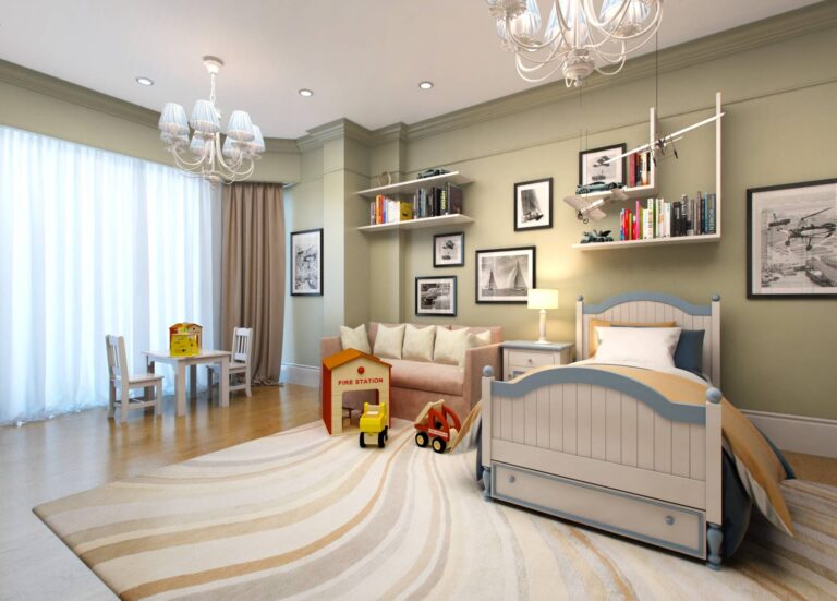 Дизайн классической детской с бело-голубой кроватью